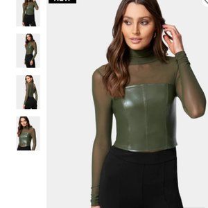 Deep Olive Green Vegan Leather Mesh Bustier Top